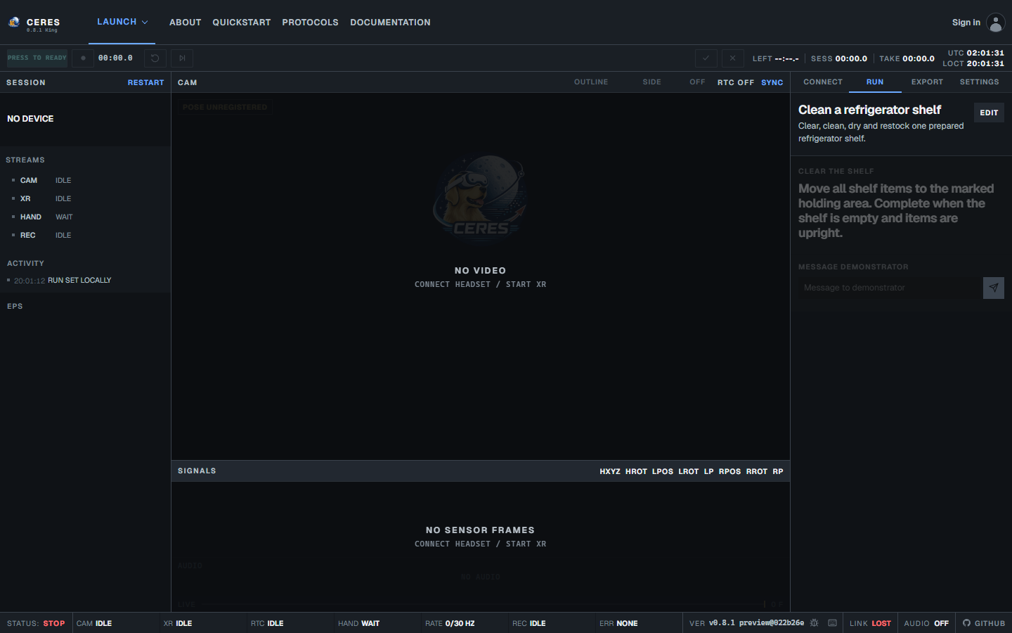 Capture director before pairing, showing connection, run and recorder-readiness controls